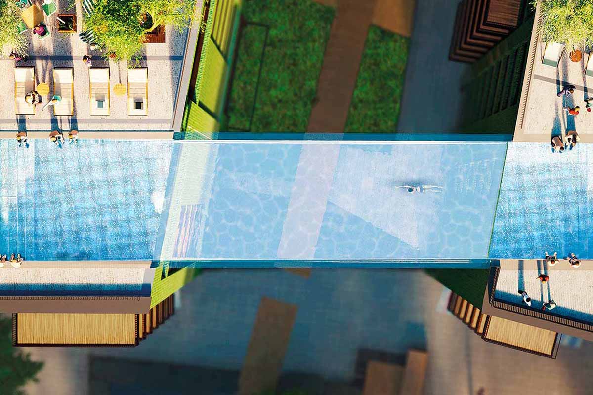 An aerial rendering of the Sky Pool in London