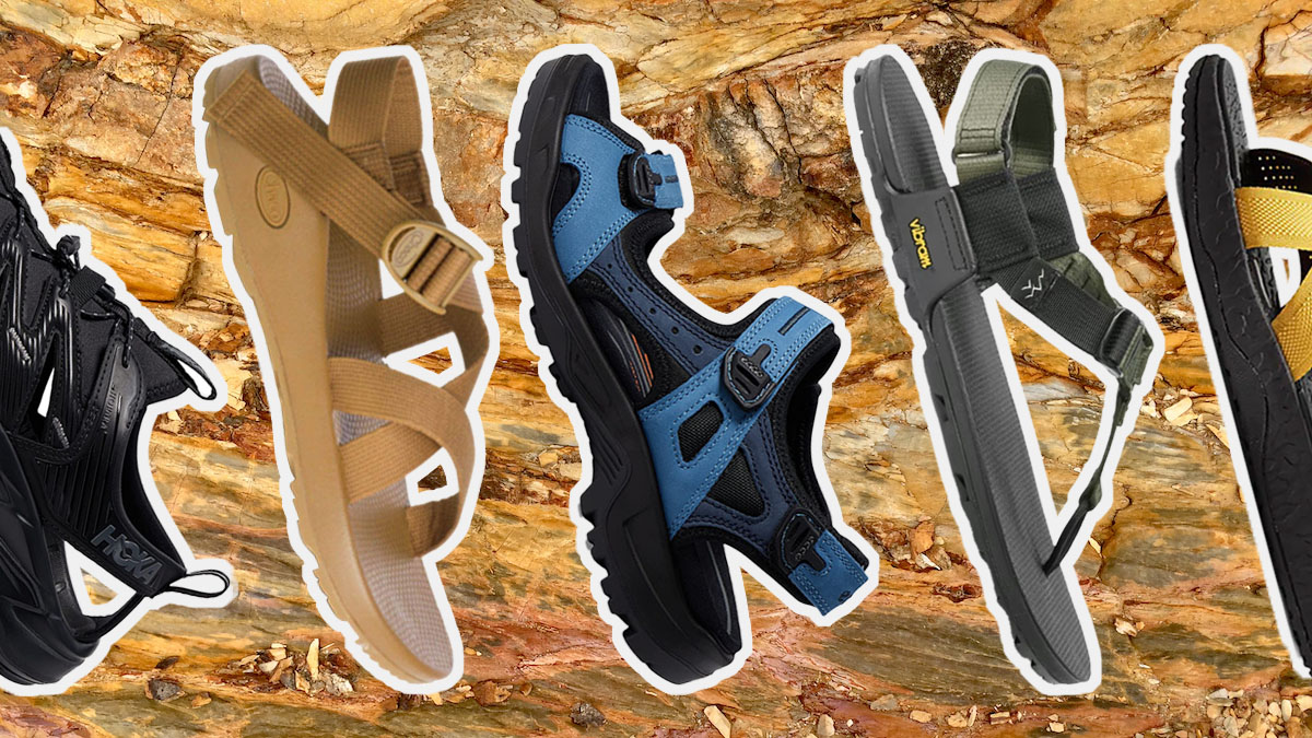 a collage of the best hiking sandals on a tan stone background
