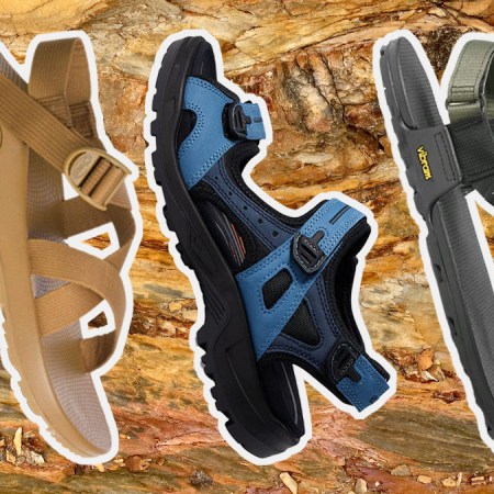 a collage of the best hiking sandals on a tan stone background