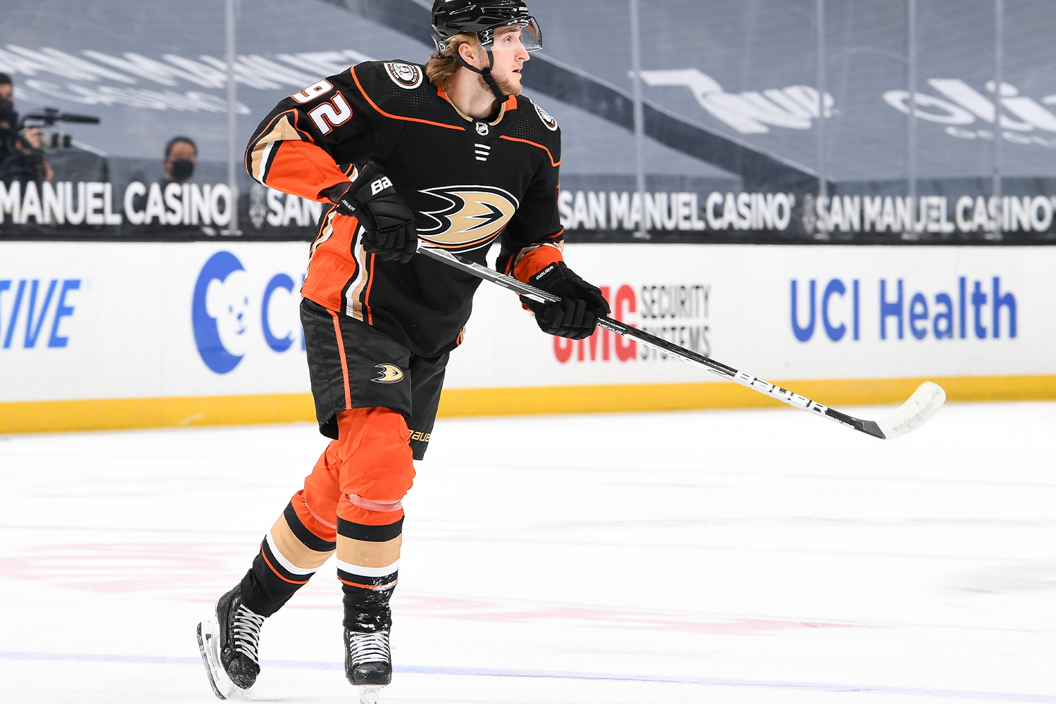 Alexander Volkov #92 of the Anaheim Ducks skates against Vegas Golden Knights against the Vegas Golden Knights during the first period of the game at Honda Center on April 18, 2021