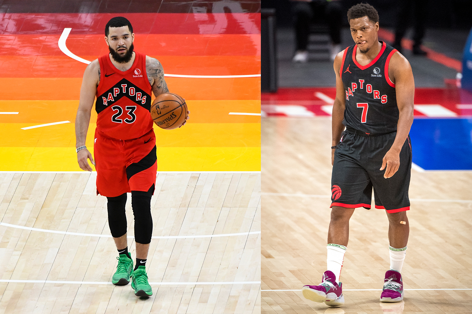 Fred VanVleet #23 of the Toronto Raptors in action during a game against the Utah Jazz (left) and Kyle Lowry #7 of the Toronto Raptors looks on during the second quarter of the game against the Detroit Pistons (right)