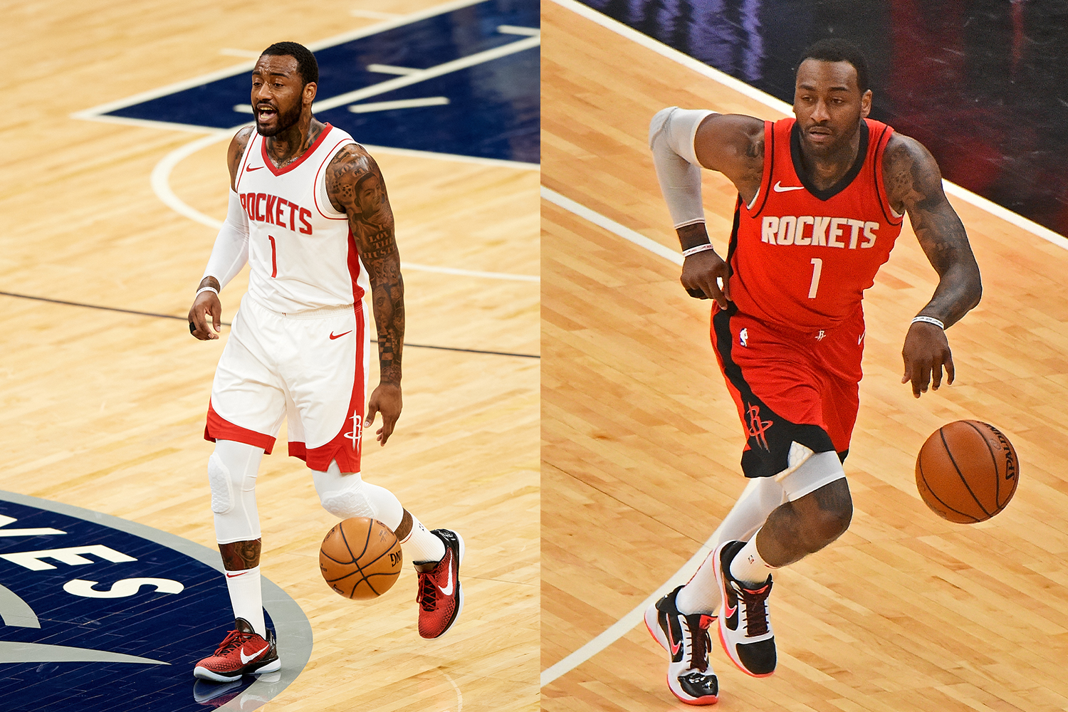 John Wall #1 of the Houston Rockets dribbles the ball against the Minnesota Timberwolves