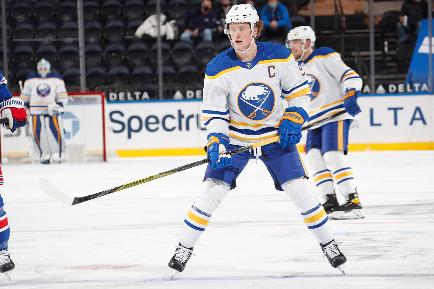 Jack Eichel #9 of the Buffalo Sabres skates against the New York Rangers at Madison Square Garden on March 2, 2021