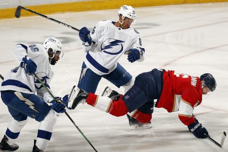 Gemel Smith and teammate Daniel Walcott of the Tampa Bay Lightning