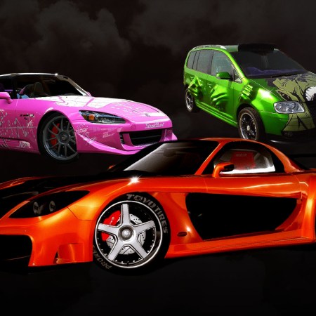 Han's car from The Fast and the Furious: Tokyo Drift, Suki's car from 2 Fast 2 Furious, and Twinkie's Hulk van from Tokyo Drift