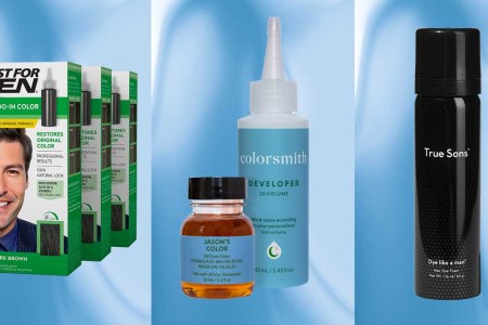 Three hair dye products for men on a blue background