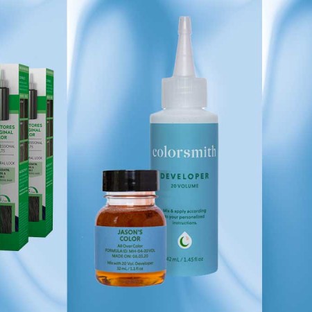 Three hair dye products for men on a blue background