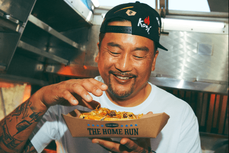 Roy Choi stares with glee at the Kogi Dog.