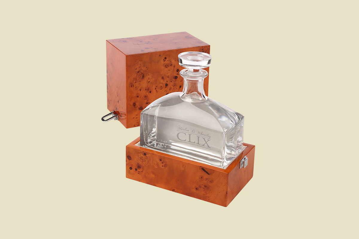 A bottle of Harlen D. Wheatley CLIX vodka in its case