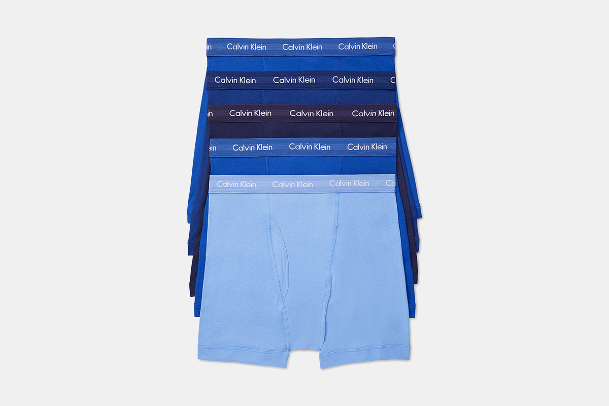 Five pairs of Calvin Klein men's boxer briefs in blue