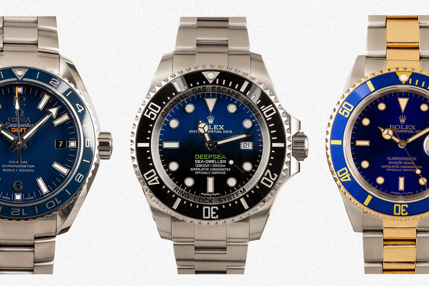 Three watches from Rolex and Omega available at Huckberry