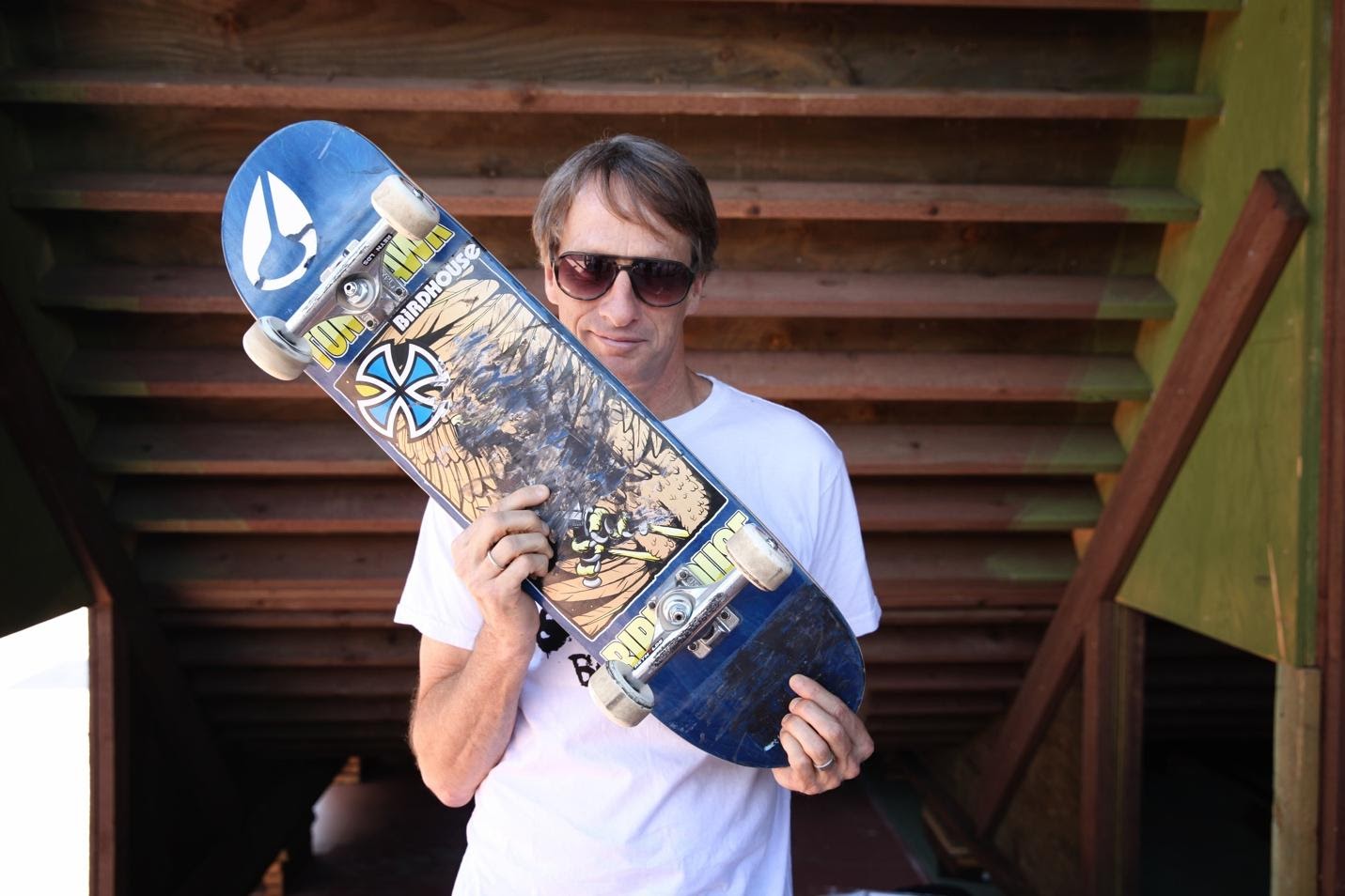 Tony Hawk beneath the new Animal Chin ramp
