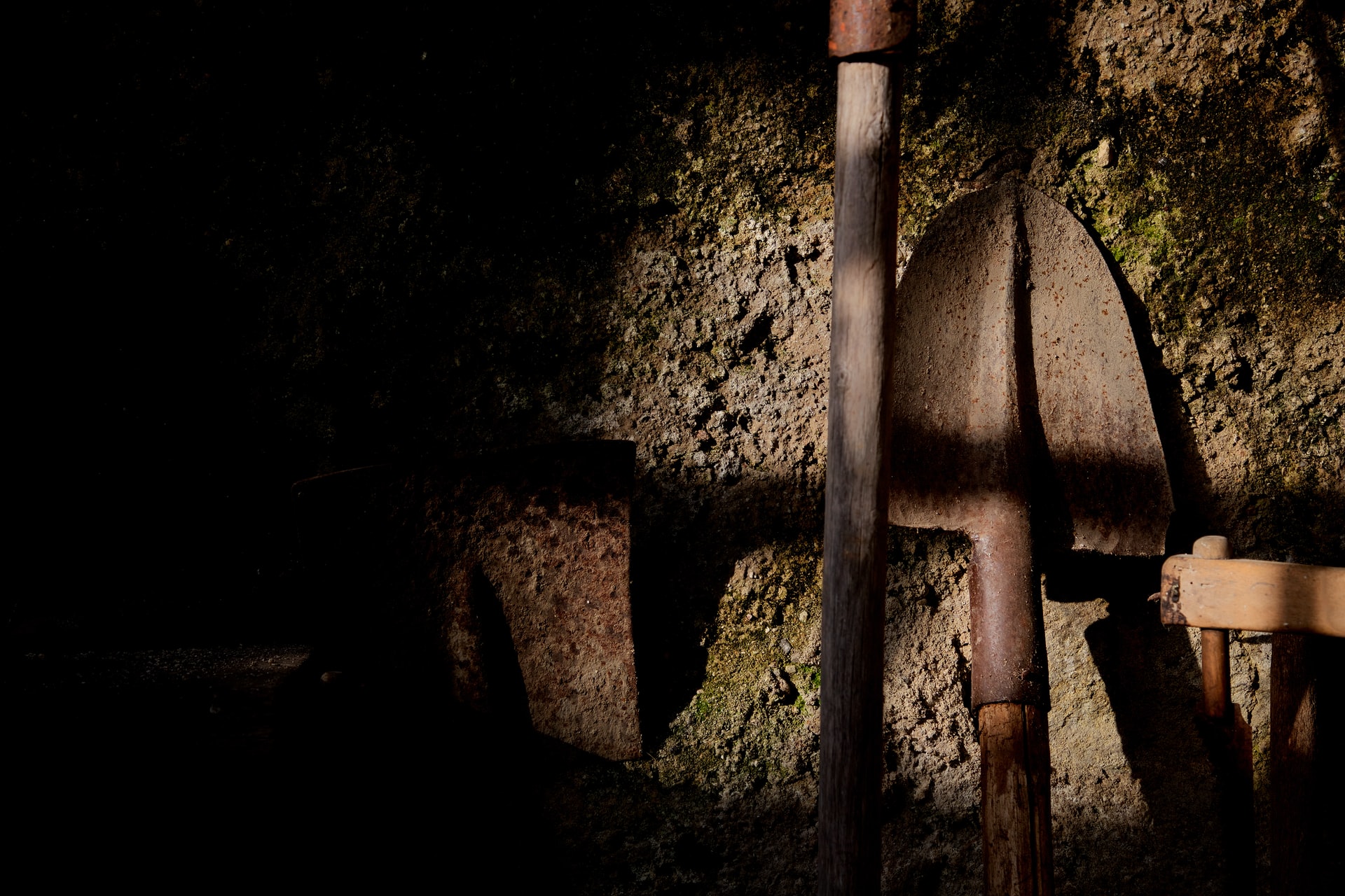 Shovels and other digging tools in the dirt