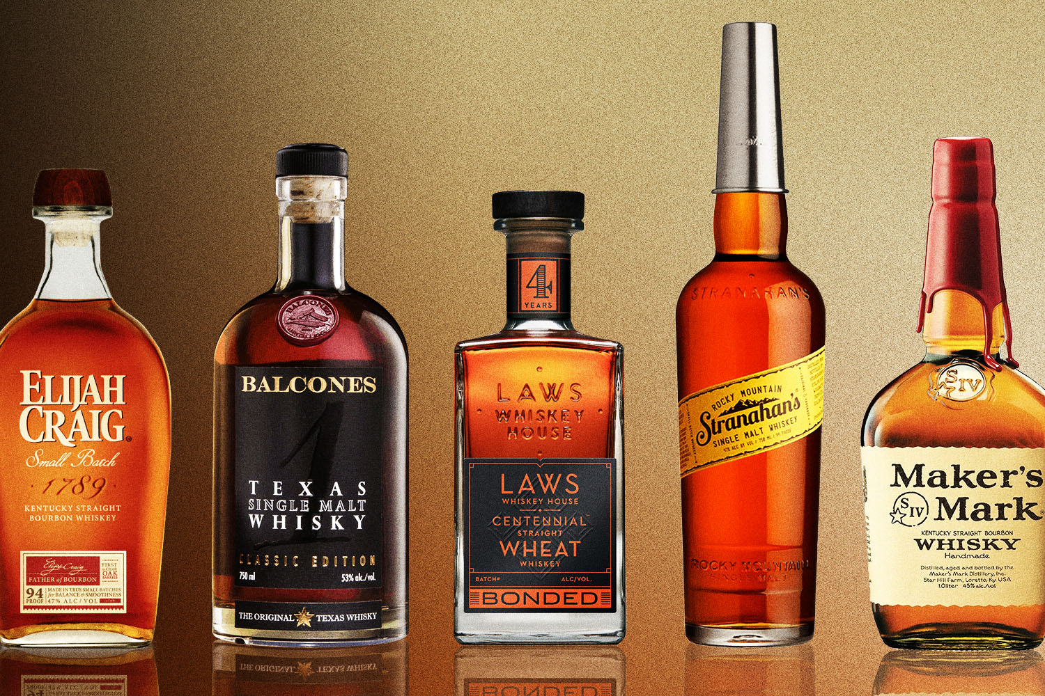 bottles of evan williams, blanton's buffalo trace and angels envy bourbons on a gray background