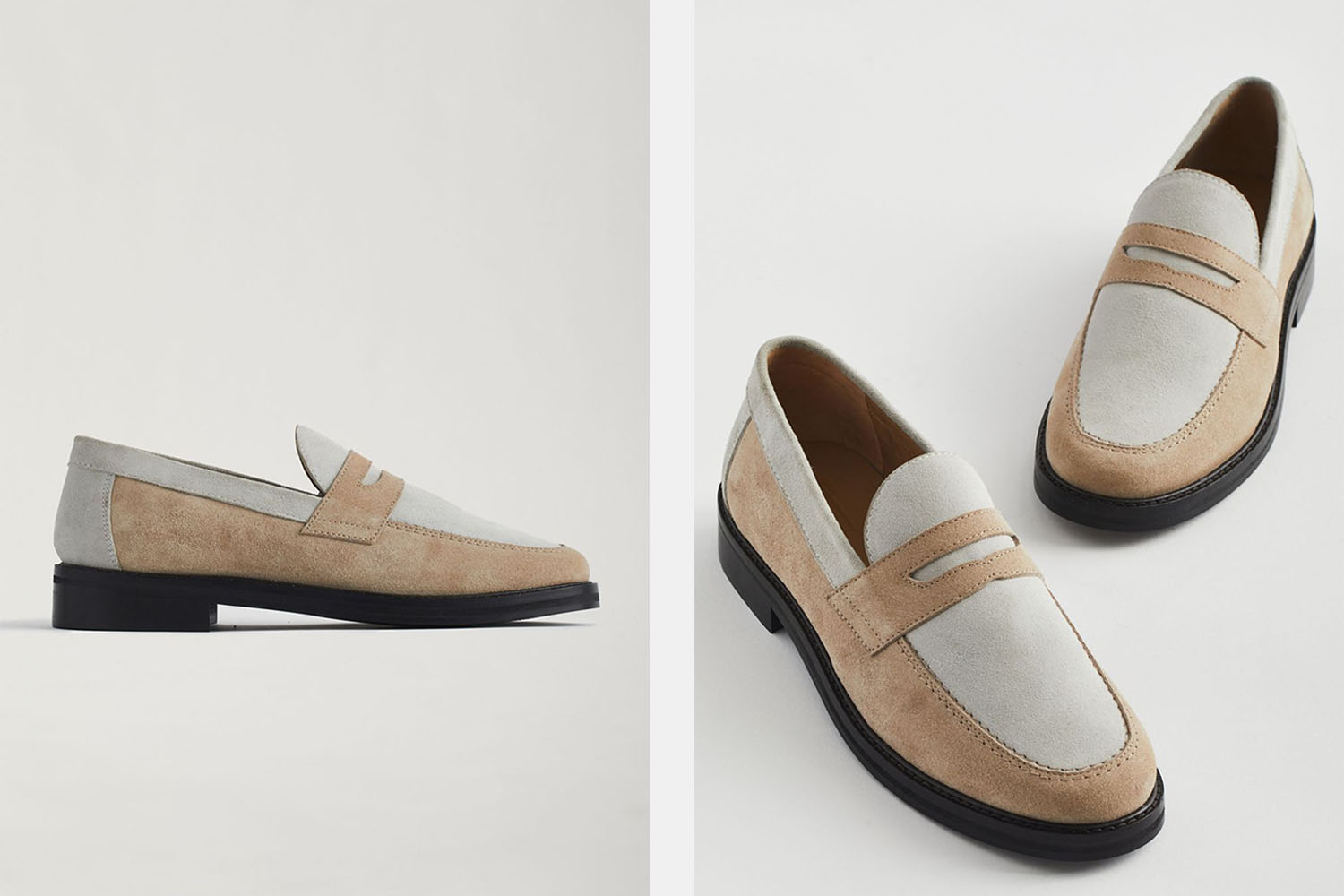 A pair of suede summer loafers from Urban Outfitters on a grey background