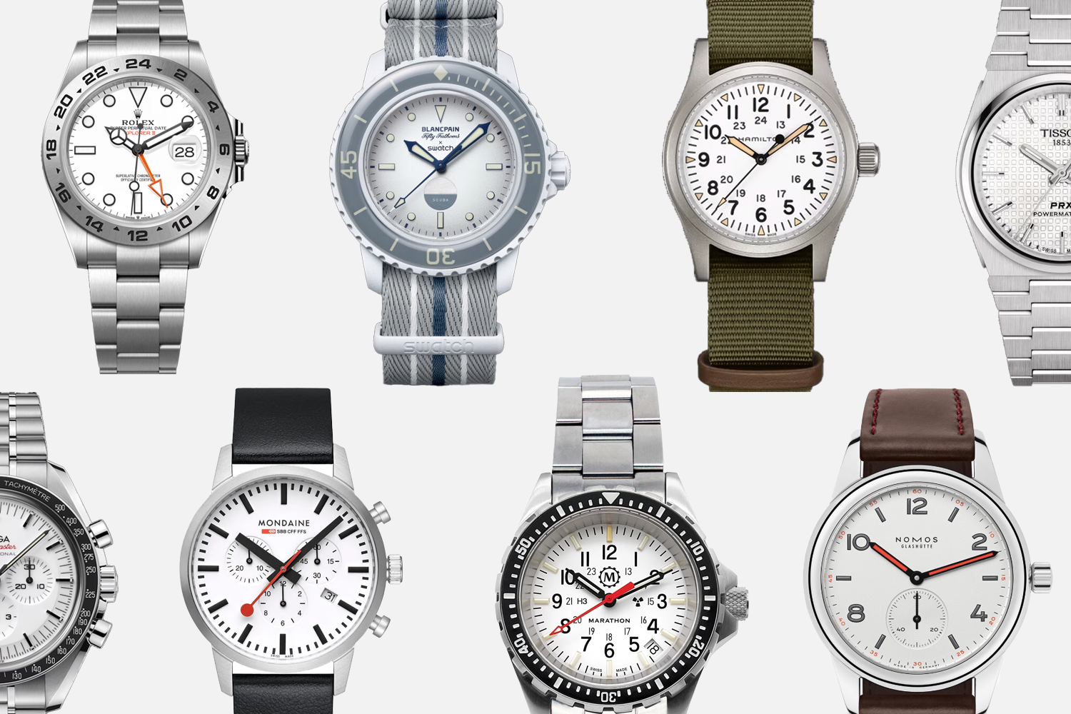 Watches from Swatch, Hamilton, Rolex, Omega, Tissot, Mondaine, Marathon and NOMOS Glashütte