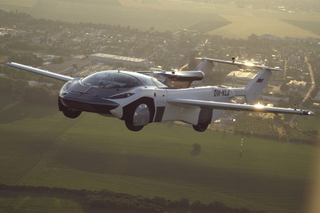 The AirCar flying car from Klein Vision flying between Nitra and Bratislava in Slovakia by inventor Stefan Klein