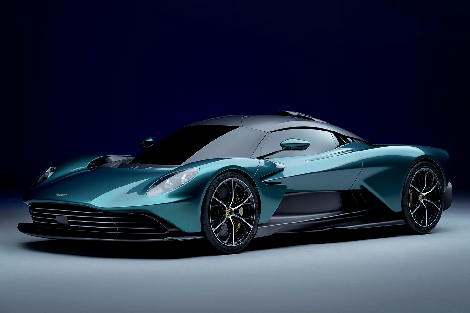 The front view of the new Aston Martin Valhalla supercar. The hypercar concept version will star in the new James Bond movie "No Time to Die."