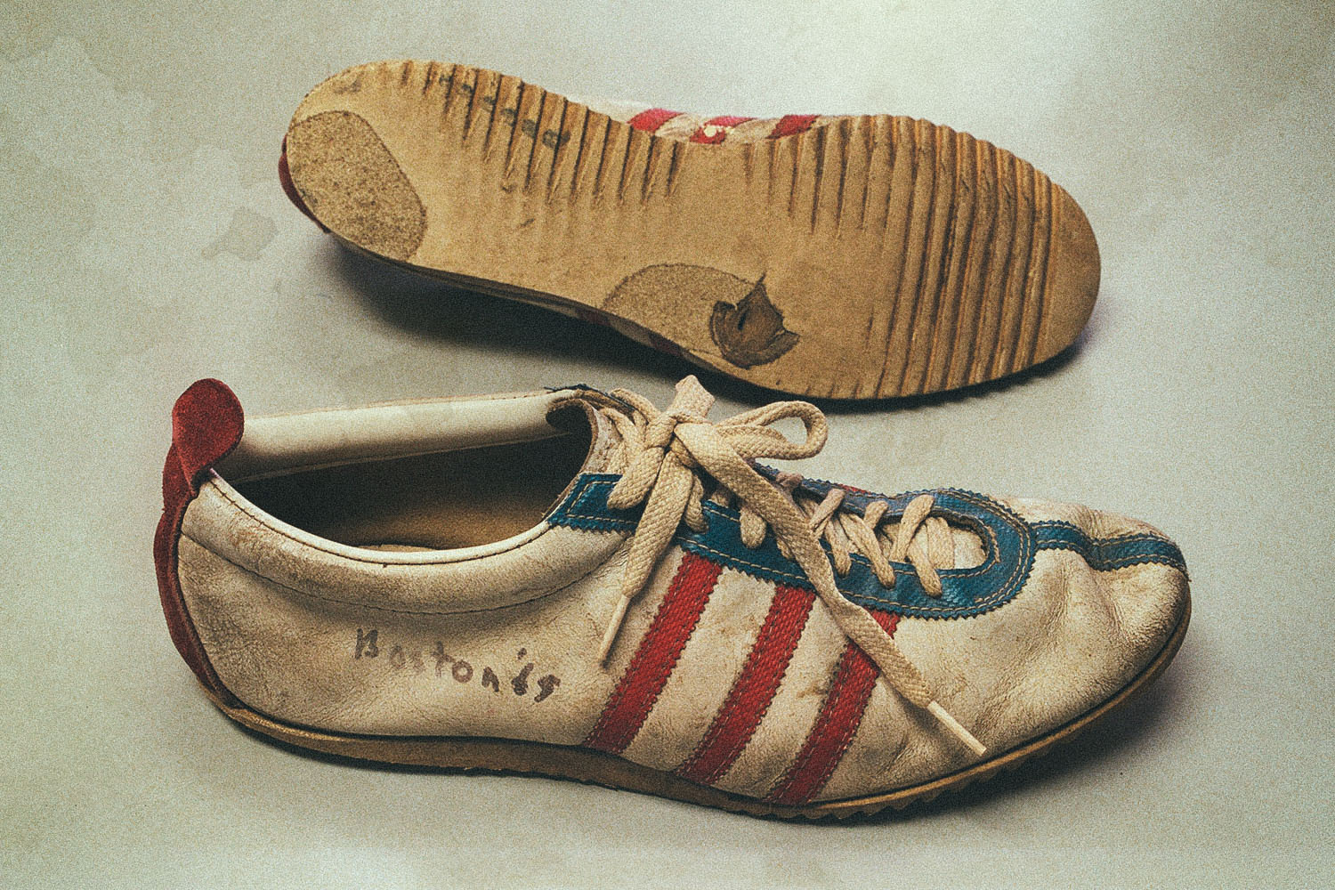 A close-up of a worn pair of Nike running shoes.