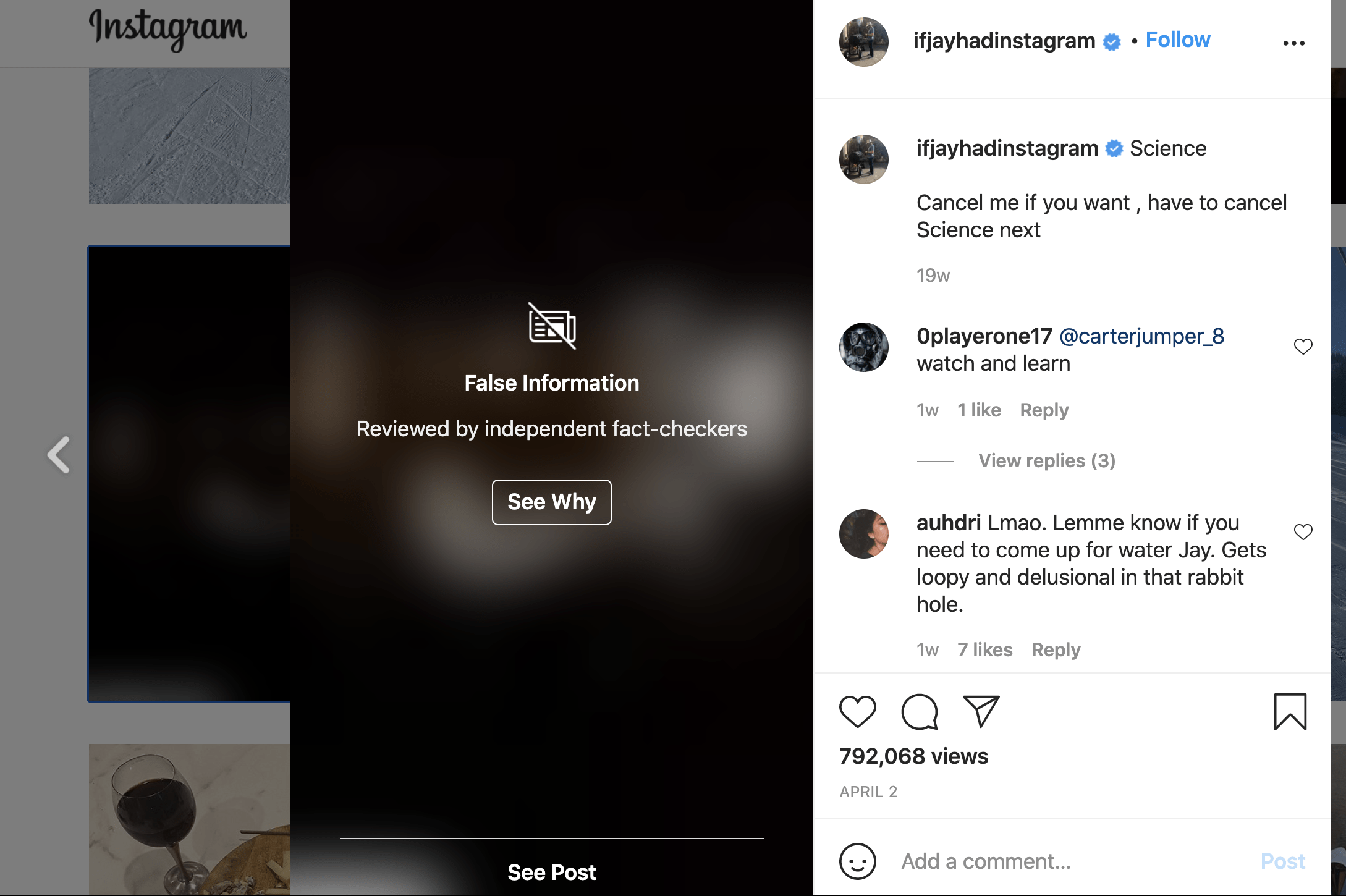 A screenshot of a flagged post on Jay Cutler's Instagram