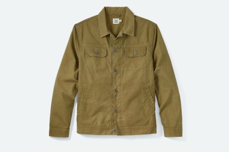 Flint and Tinder Unlined Waxed Trucker Jacket in Field Tan