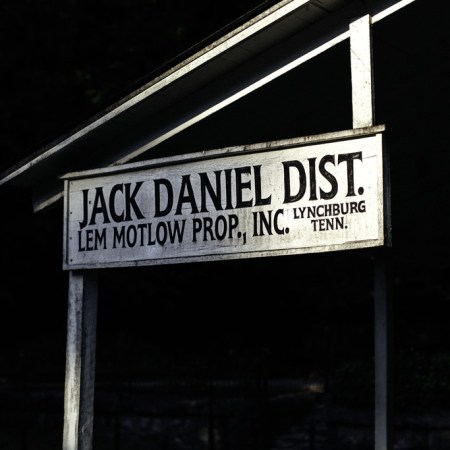 Jack Daniel's sign in a black and white photo. The distillery announced its 10-Year-Old Tennessee Whiskey in August 2021.