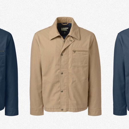 The Lands' End Men's Chore Coat in Field Drab and Classic Navy. The fall jacket is on sale up to 50% off in August 2021.