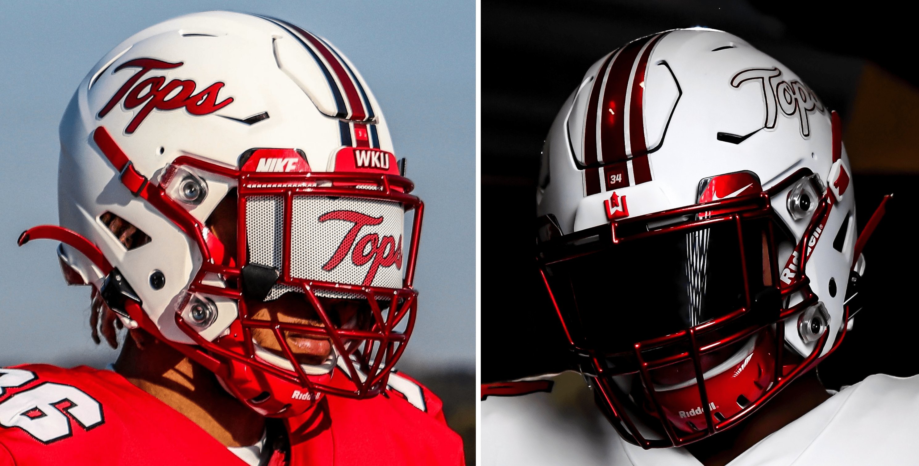 two photos of the university of western kentucky's new football helmet for 2021