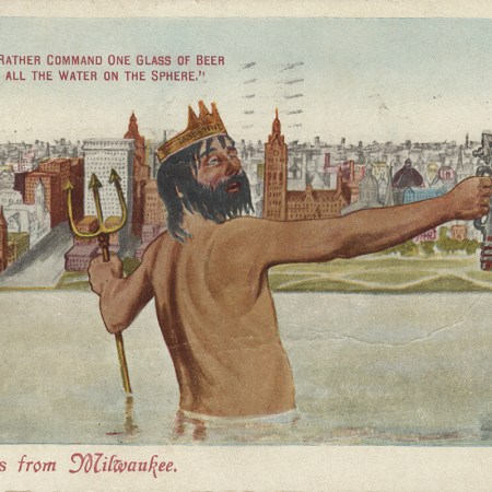 The god of the oceans, Neptune, holds a beer stein in Milwaukee.