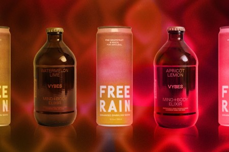 image shows various cans and bottles of adaptogenic beverages against red background