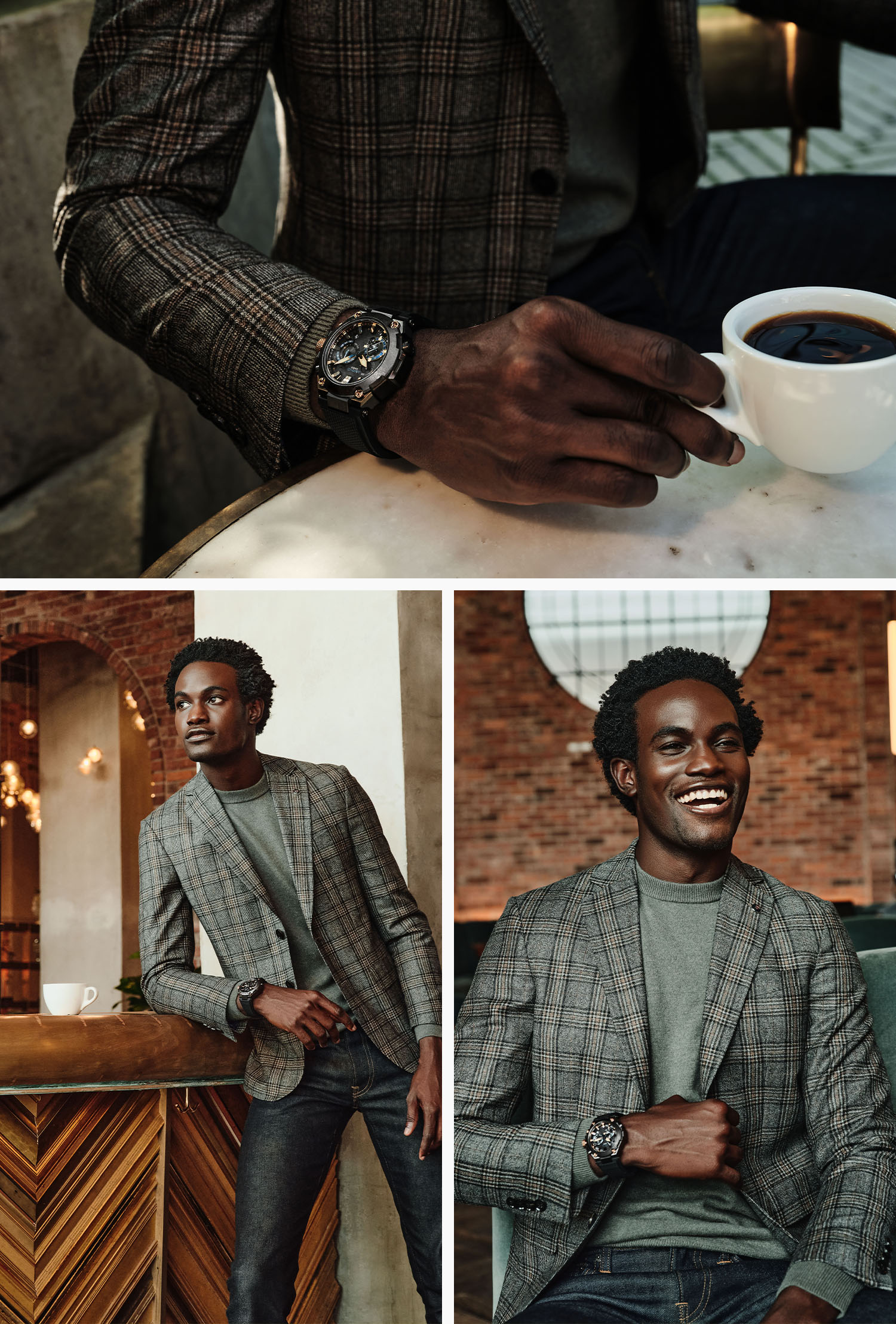 man in a chic hotel lobby wearing a checked gray flannel sportcoat, gray sweater and raw denim jeans with a casio g shock watch