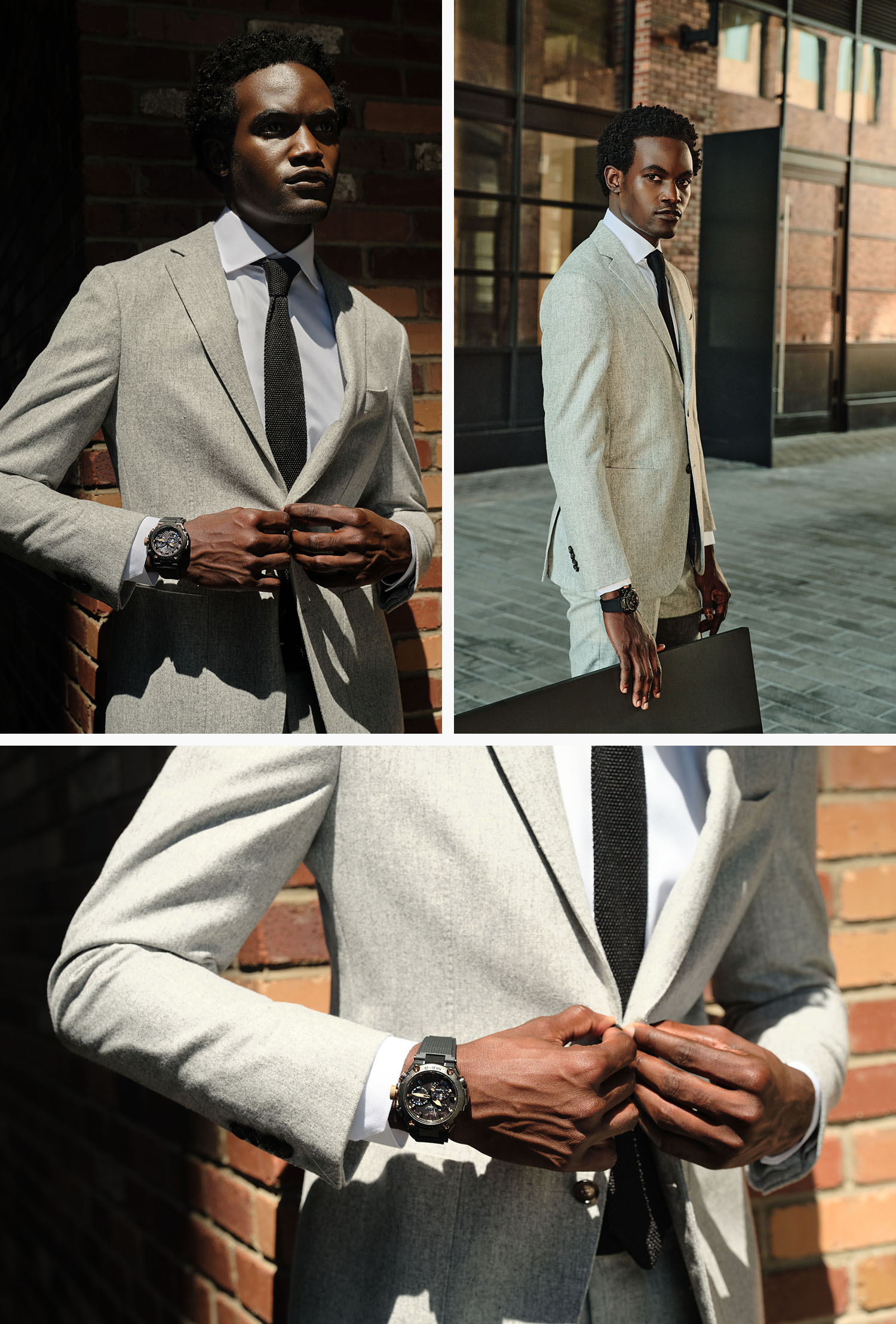 handsome man on a city street wearing a light gray flannel suit, black tie, white shirt and a casio g shock watch