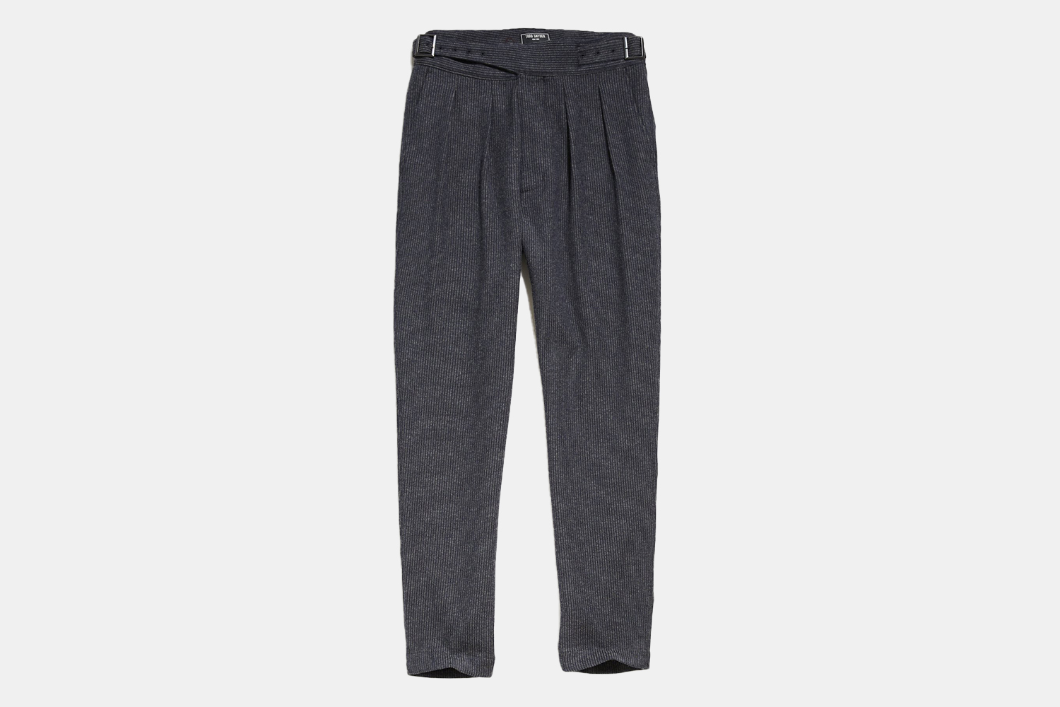 a pair of self-belted, charcoal colored trousers.