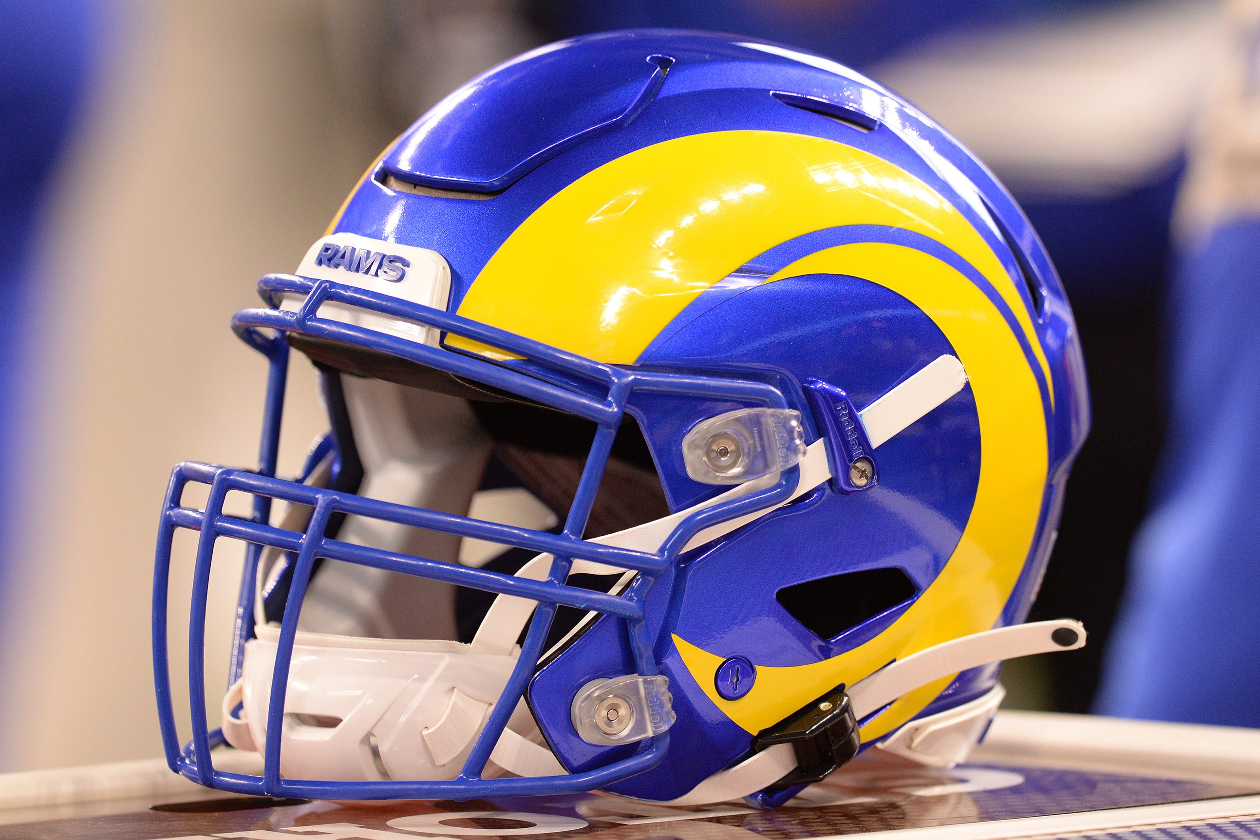 A Los Angeles Rams helmet sits on the sideline during a game at Lucas Oil Stadium in Indianapolis