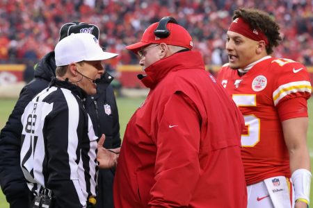 Chiefs head coach Andy Reid and quarterback Patrick Mahomes complain to the referees about a taunting call