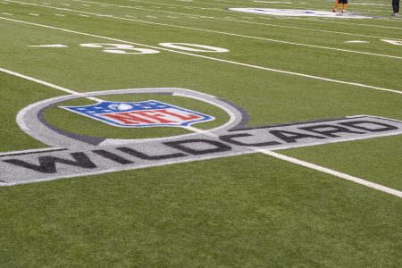 Lucas Oil Stadium with the Wild Card logo painted on the field