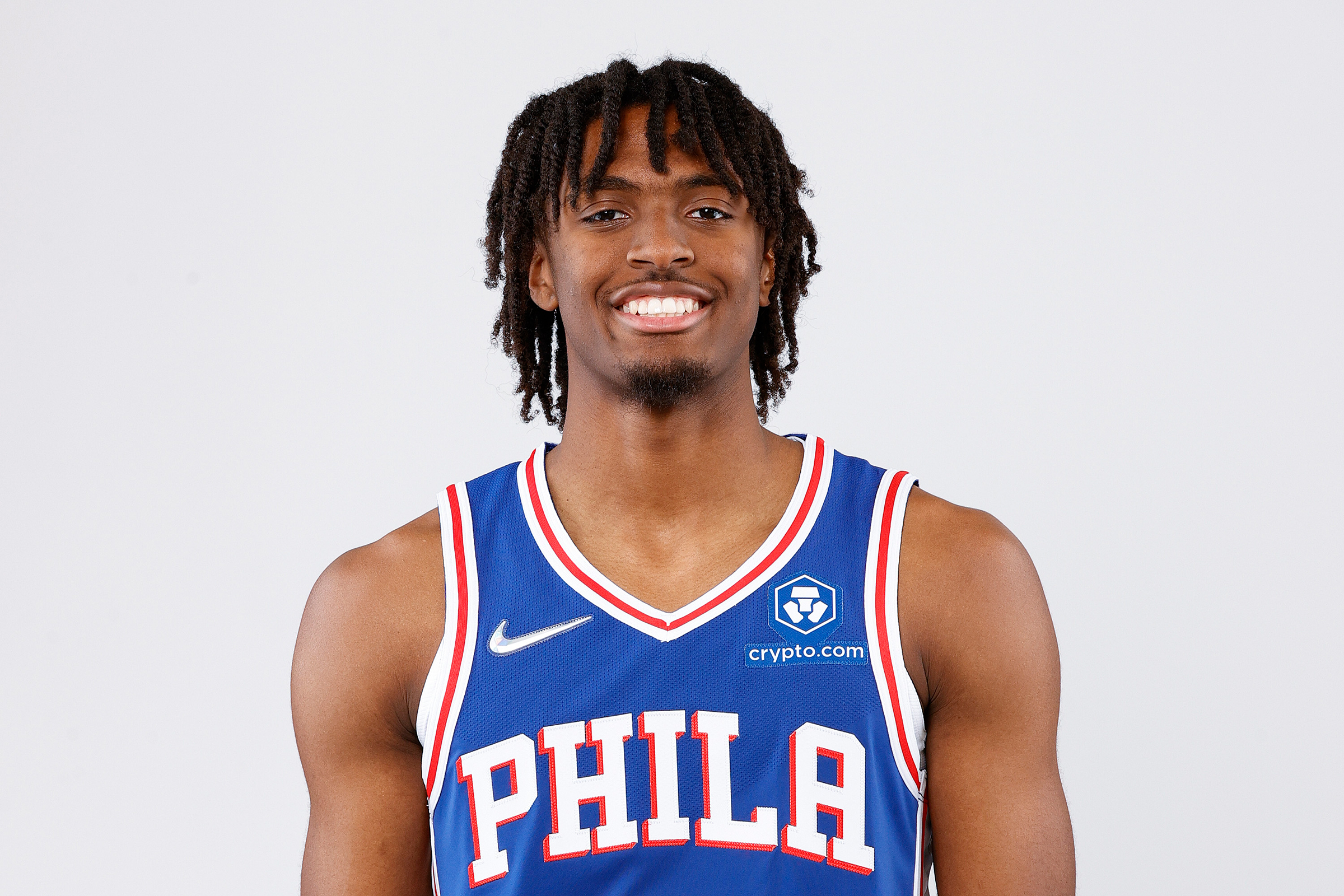 Tyrese Maxey #0 of the Philadelphia 76ers stands for a portrait during Philadelphia 76ers Media Day held at Philadelphia 76ers Training Complex on September 27, 2021 in Camden, New Jersey.