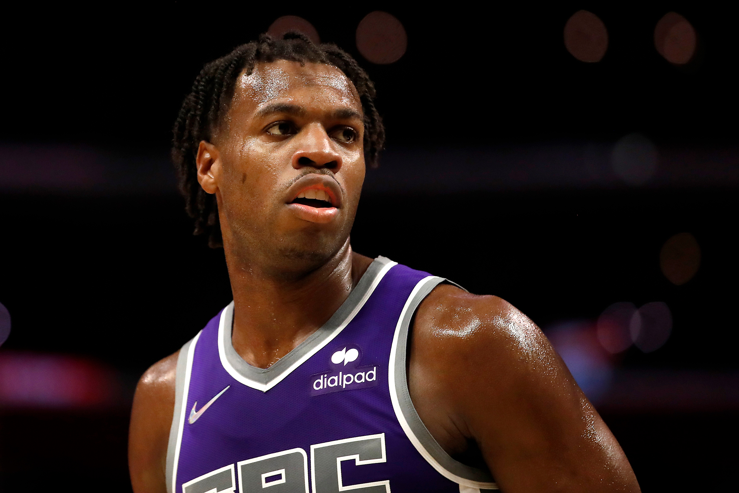 Buddy Hield #24 of the Sacramento Kings looks on during the first quarter of the preseason game against the Los Angeles Clippers at Staples Center on October 06, 2021 in Los Angeles, California.