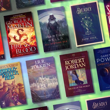 A grid of the best science-fiction and fantasy books for adults, from Robert Jordan's "The Wheel of Time" series to J.R.R. Tolkien's "The Fall of Gondolin" to Naomi Novik's "A Deadly Education," on a green background