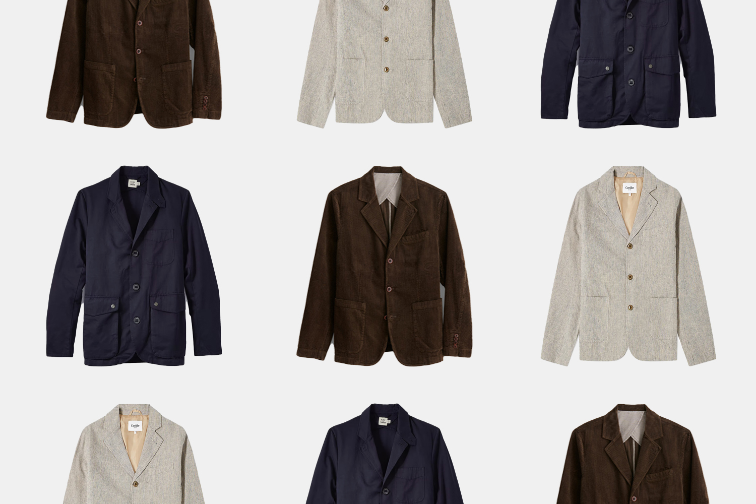 a collage of Unstructured blazers on a green-brown background