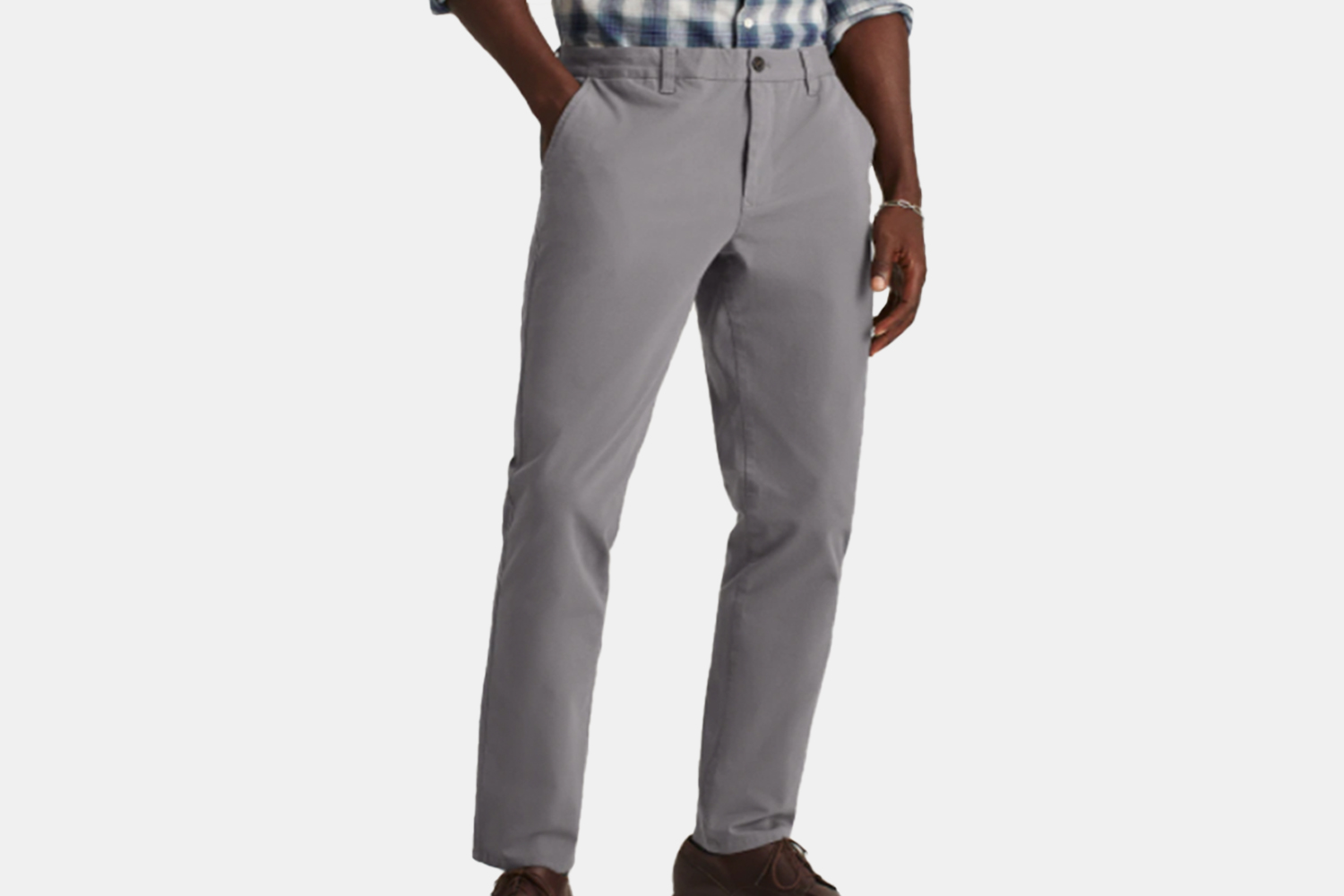 a pair of grey chinos