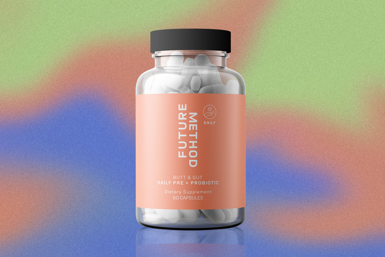 A bottle of Future Method's Butt & Gut Pre + Probiotic on a colorful background