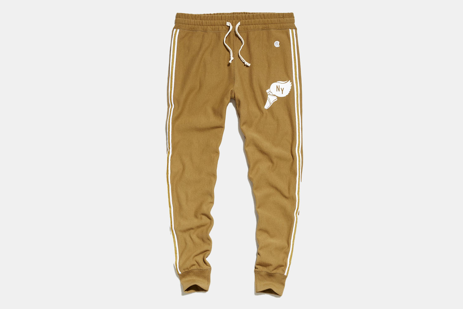 a pair of bilge-gold sweatpants