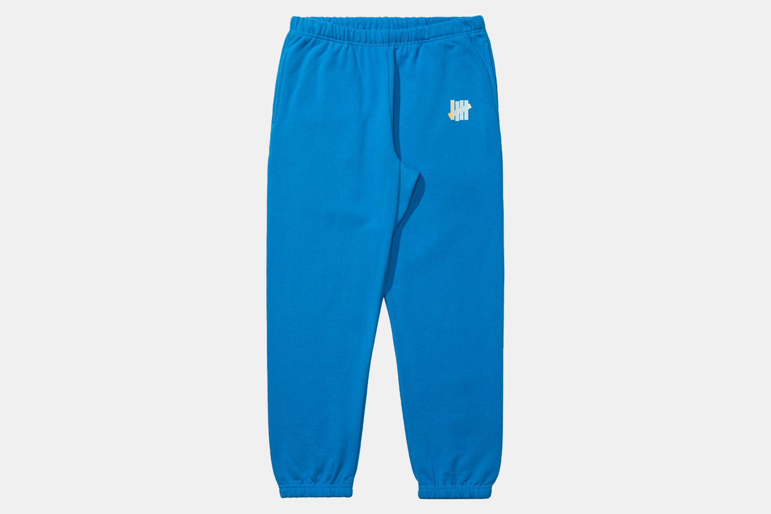 a pair of bright blue sweatpants