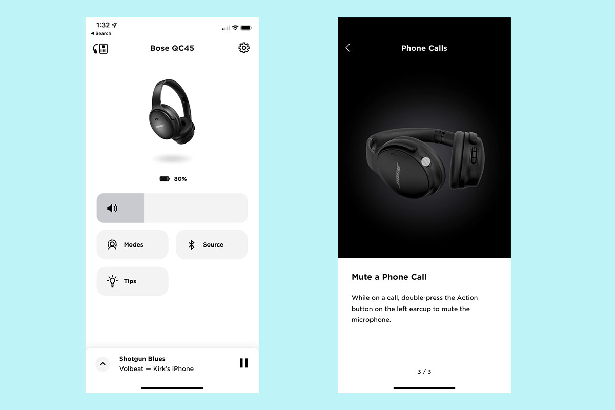 Two screenshots from the Bose Music app, which pairs with the Bose QuietComfort 45 headphones