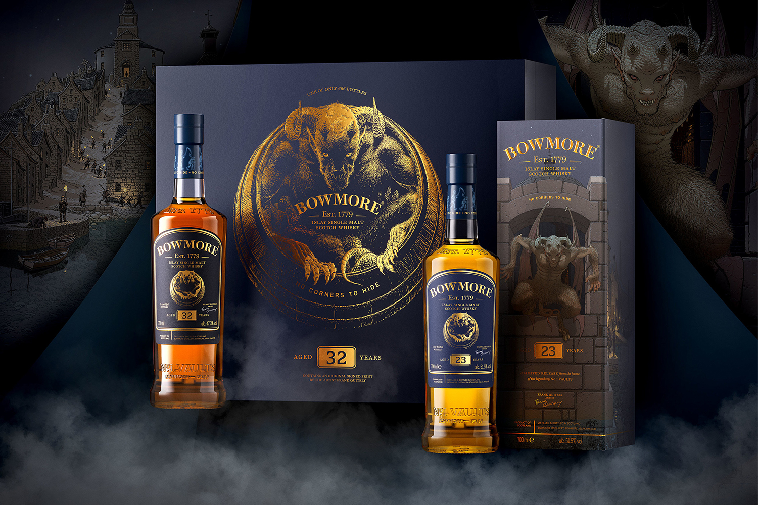 Bowmore No Corners to Hide Scotch release showing two bottles and packaging, with art designed by comic book artist Frank Quitely