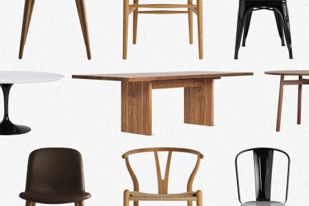 A row of tables and two rows of chairs from Design Within Reach, all discounted during the shop's Dining Sale