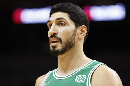 Enes Kanter of the Boston Celtics during a preseason game against the Miami Heat