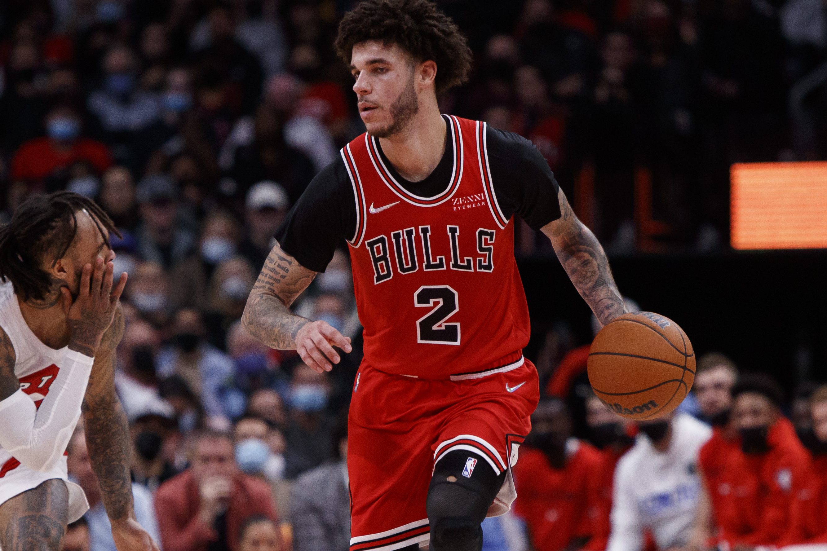 Lonzo Ball of the Chicago Bulls dribbles up court in Toronto. According to one metric, Ball is currently the NBA's best player.