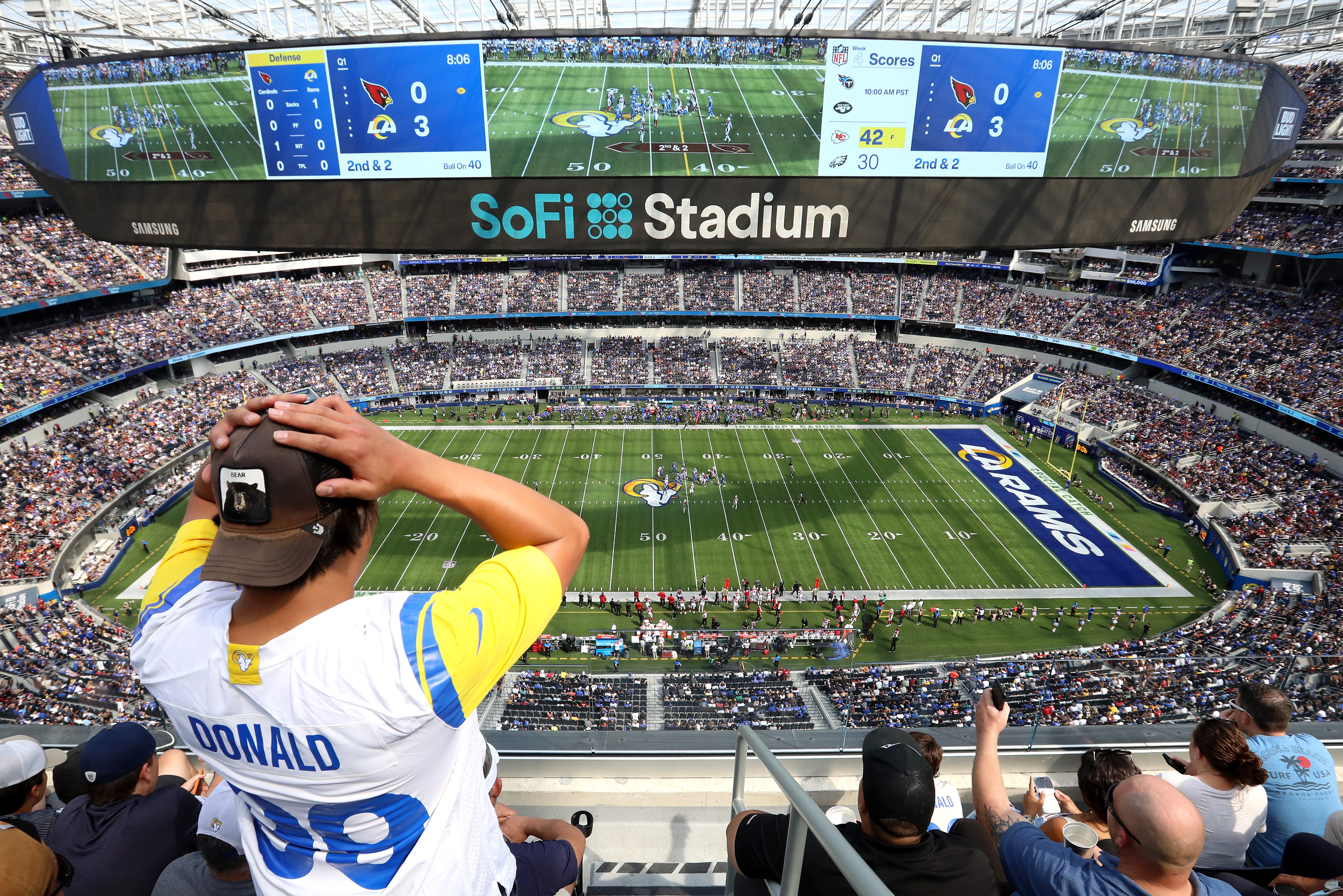A fan of the Los Angeles Rams reacts to a play. Away teams are actually doing better than home teams this year, a trend that started last year.